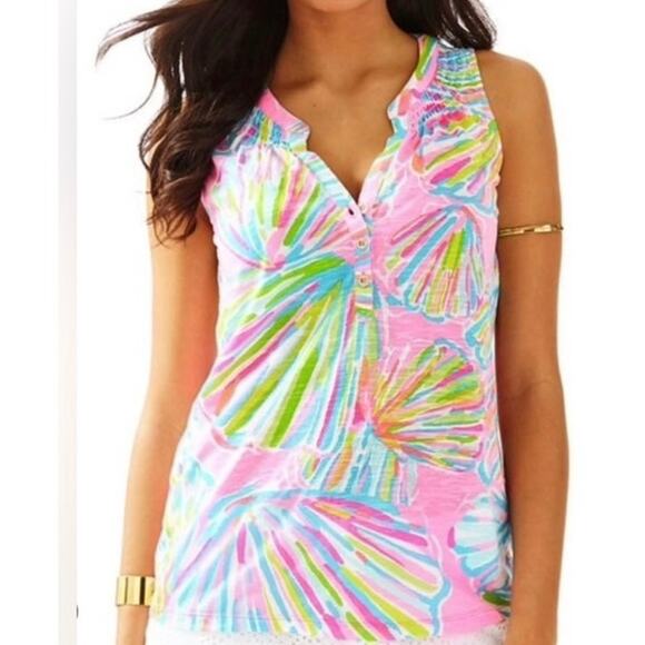 Lilly Pulitzer Tops - Lilly Pulitzer Pink Green Shellebrate Seashell Essie Top Sleeveless Size XS